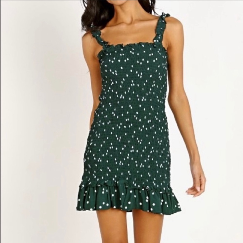 Smocked Green Polka Dot Mini Dress
